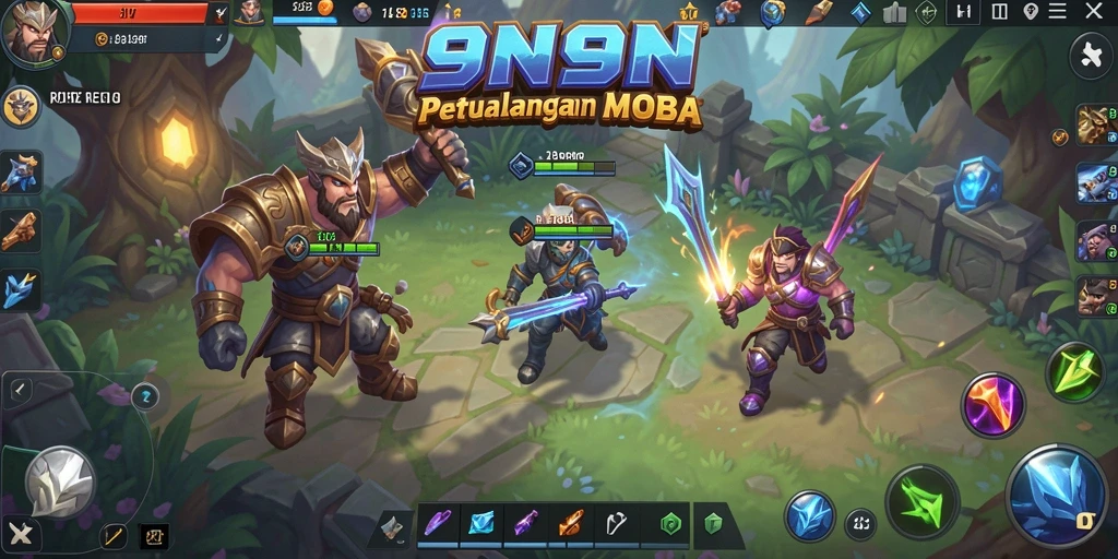 Screenshot menampilkan pertarungan epik dalam game MOBA 9N9N.