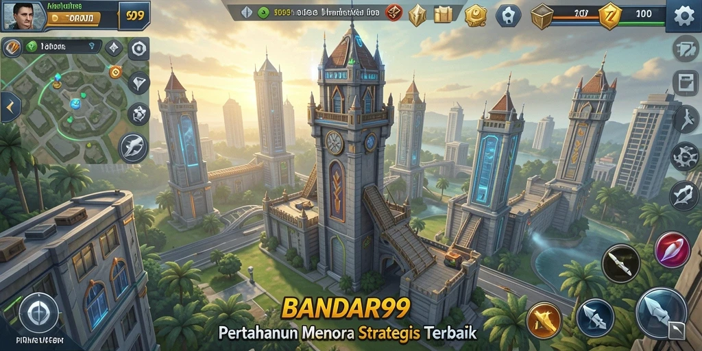 Tampilan gameplay BANDAR99 dengan menara yang strategis.