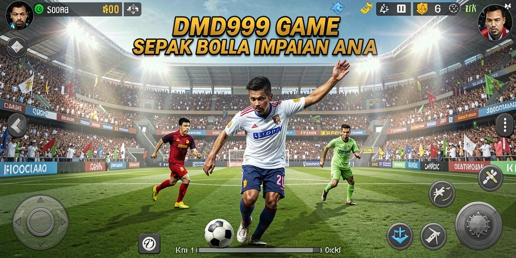 Gameplay DMD999 menampilkan aksi sepak bola yang seru dan menegangkan.