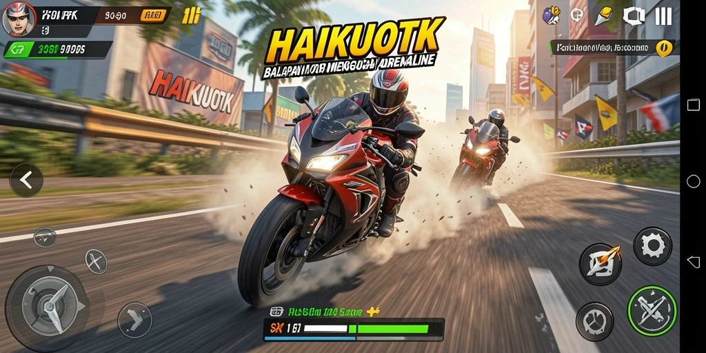 Tampilan gameplay HAIKUOTK yang seru dengan motor balap kece.