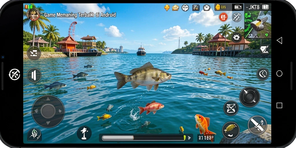 Screenshot gameplay JKT8 yang menampilkan aktivitas memancing yang seru.