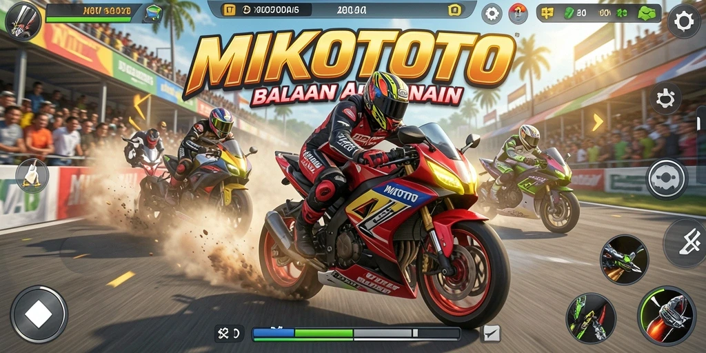 Screenshot MIKOTOTO menampilkan aksi balapan motor yang penuh kecepatan.
