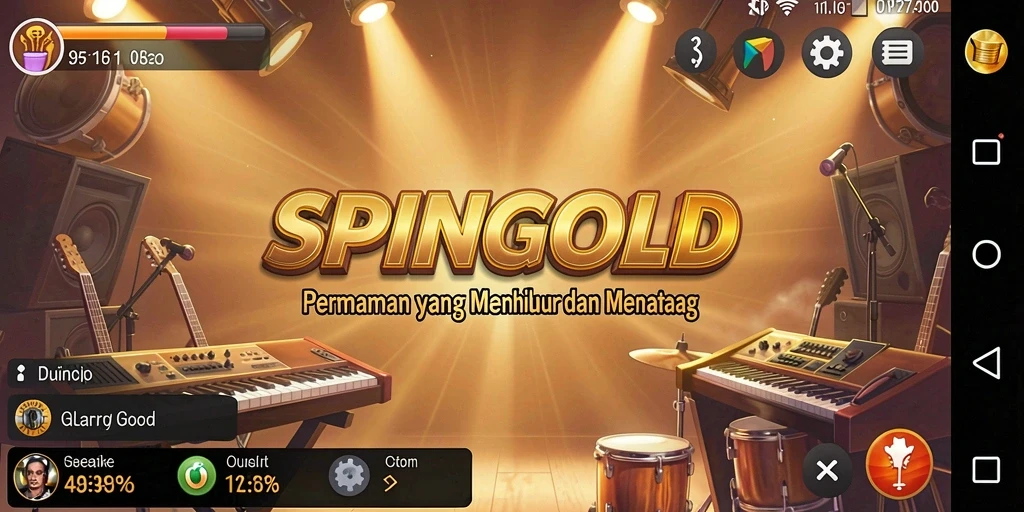 Tangkapan layar SPINGOLD menampilkan permainan musik yang dinamis dan penuh warna.