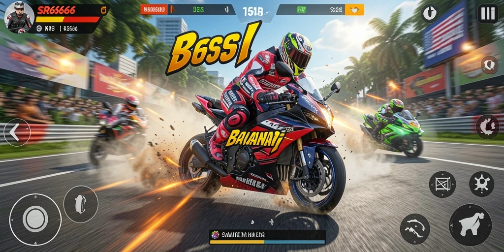 Gameplay SR6666 dengan motor balap yang cepat dan menantang.