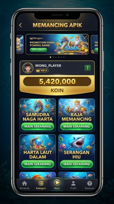 Tampilan utama aplikasi wongtoto dengan berbagai pilihan kategori.